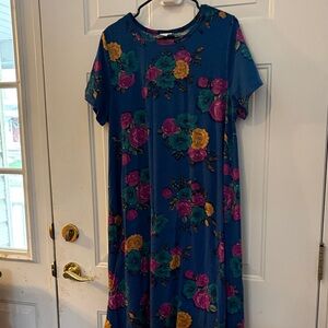 LuLaRoe Carly XL Navy Floral Top with Pink & Teal Details